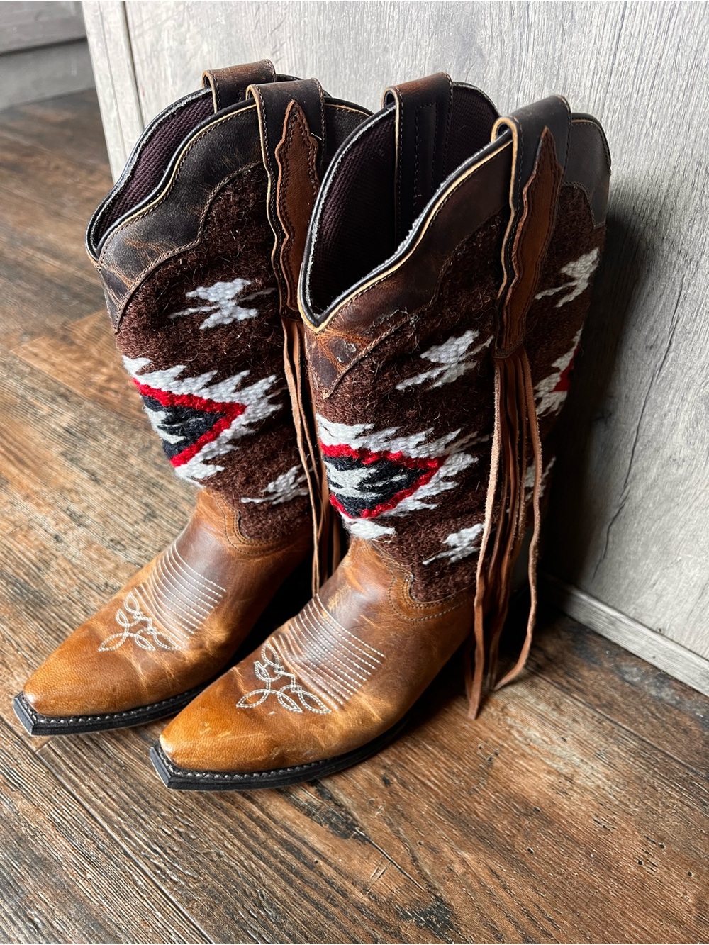 Laredo Brown Leather & Wool Aztec Cowboy Boots with Red and White Accents